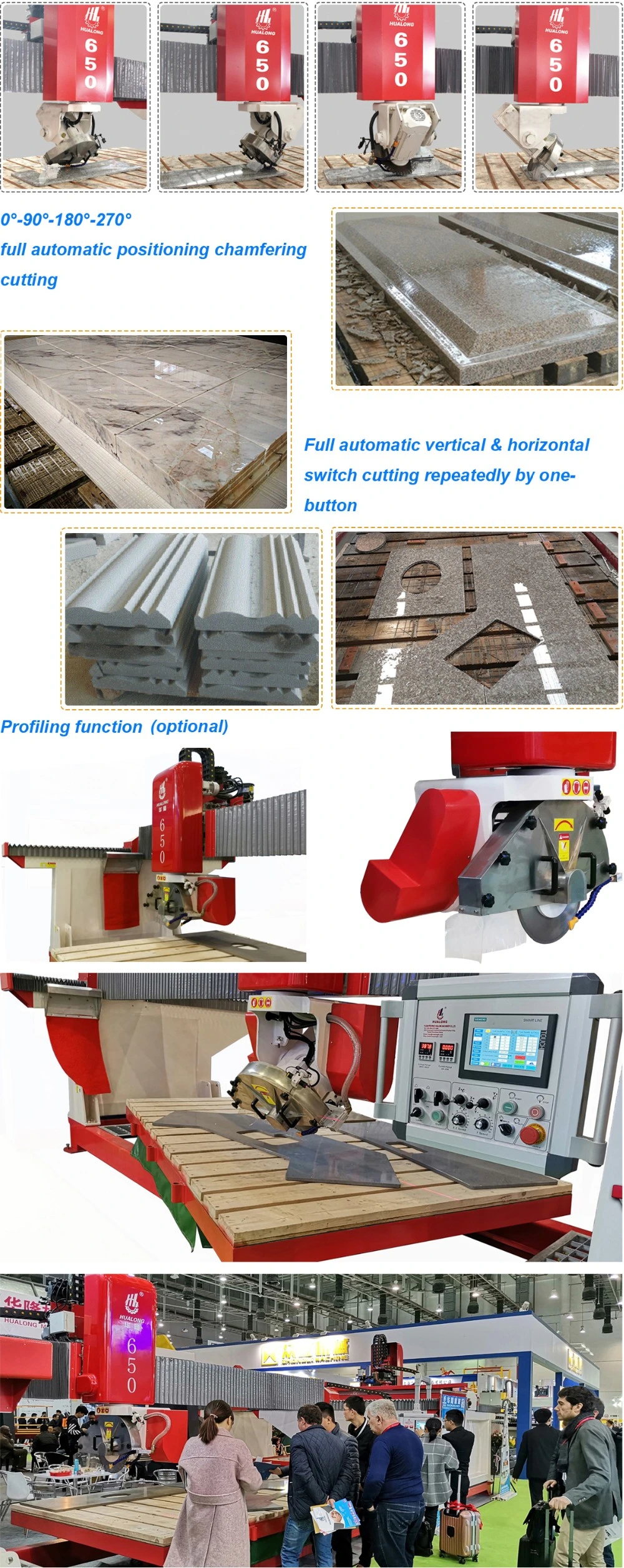 Hualong Hlsq-650 Bridge Saw Stone Cutting Machine with Siemens, Schneider Electric and Other High Quality Models for Cutting Granite